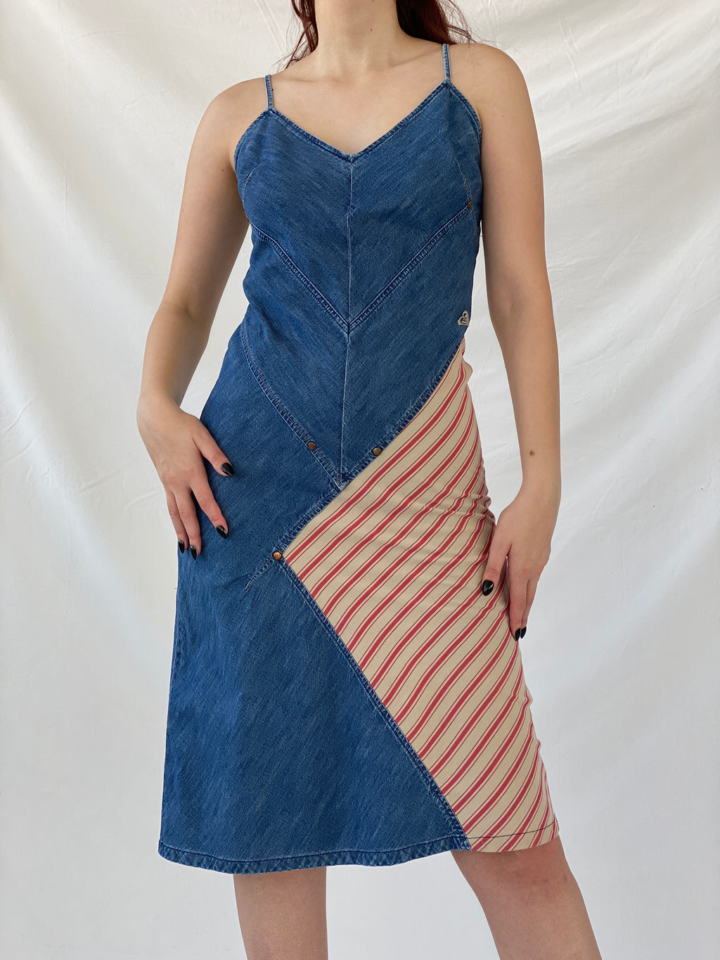 Vintage 90s Roxy Life Quicksilver Denim Striped Red Patch Midi Dress - S