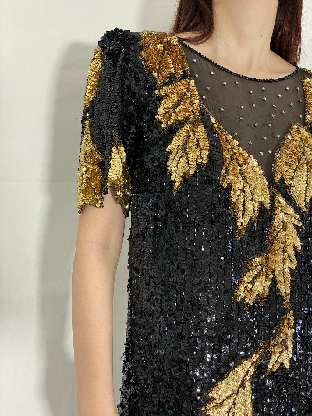 Vintage 80s/90s Sho Max Originals Black Silk Sequin Gold Leaf Beading Party Dress - L