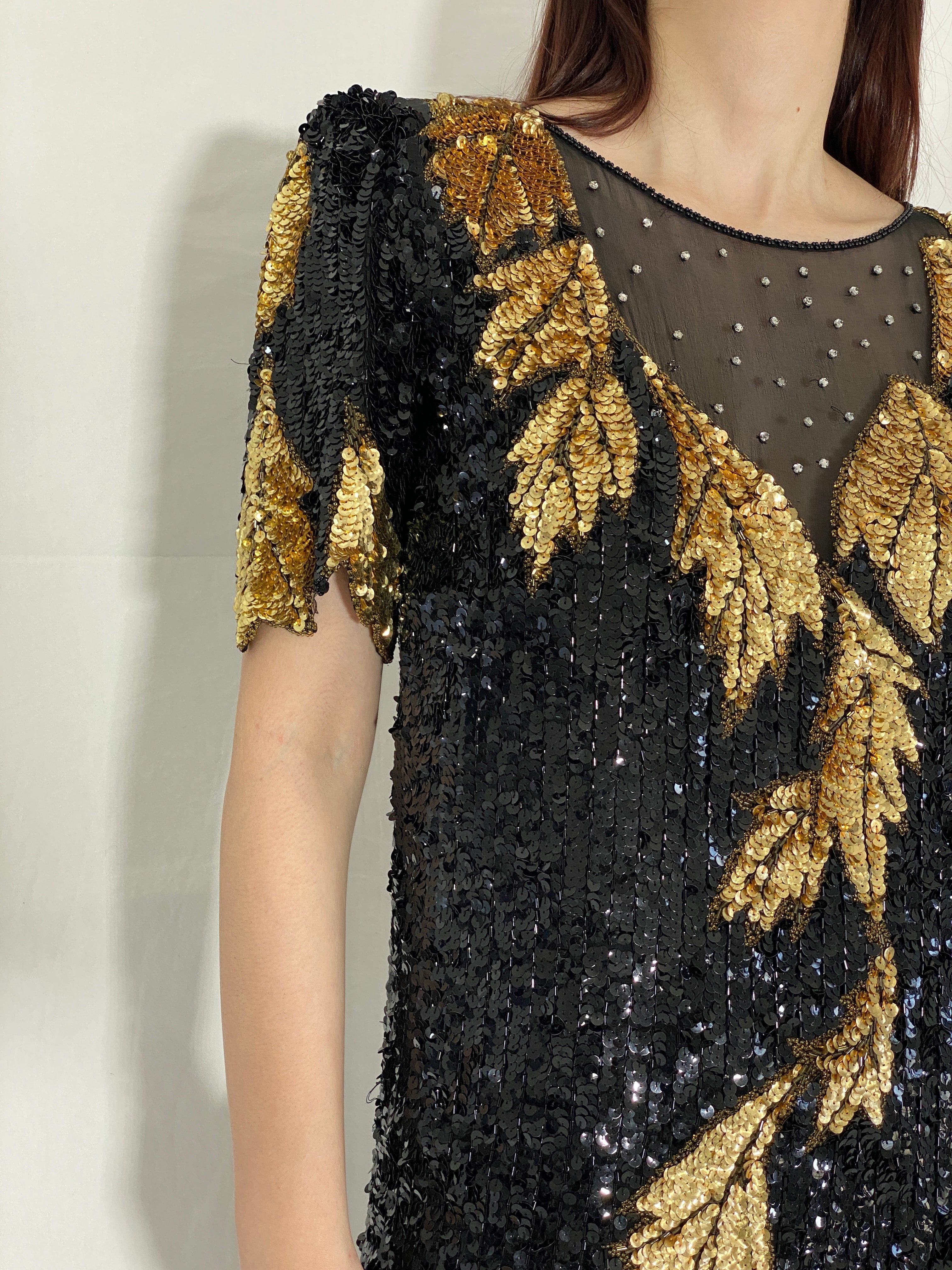 Vintage 80s/90s Sho Max Originals Black Silk Sequin Gold Leaf Beading Party Dress - L