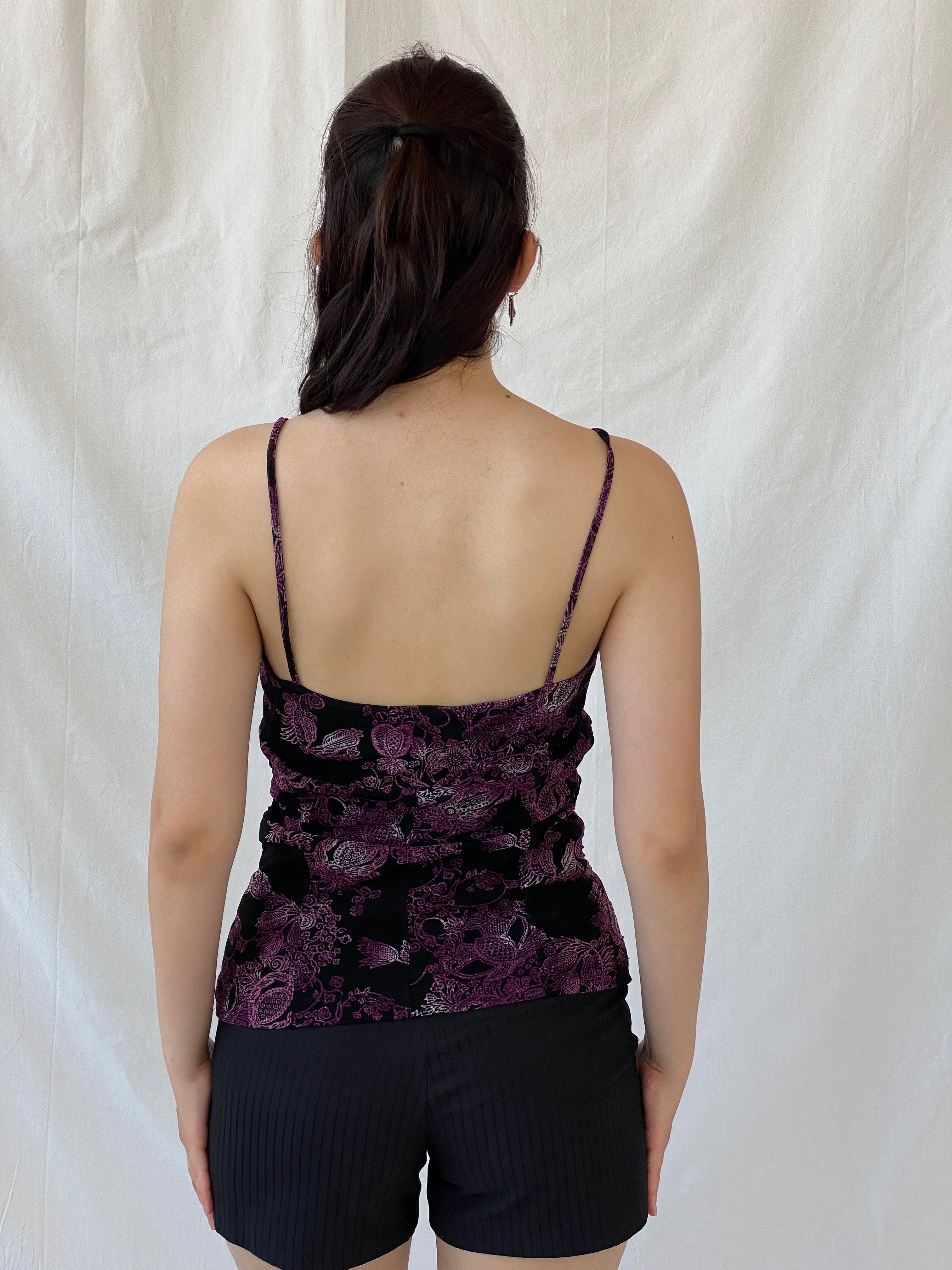 Vintage Mexx Floral Ruched Waist Camisole Purple & Black Cami Top - XL