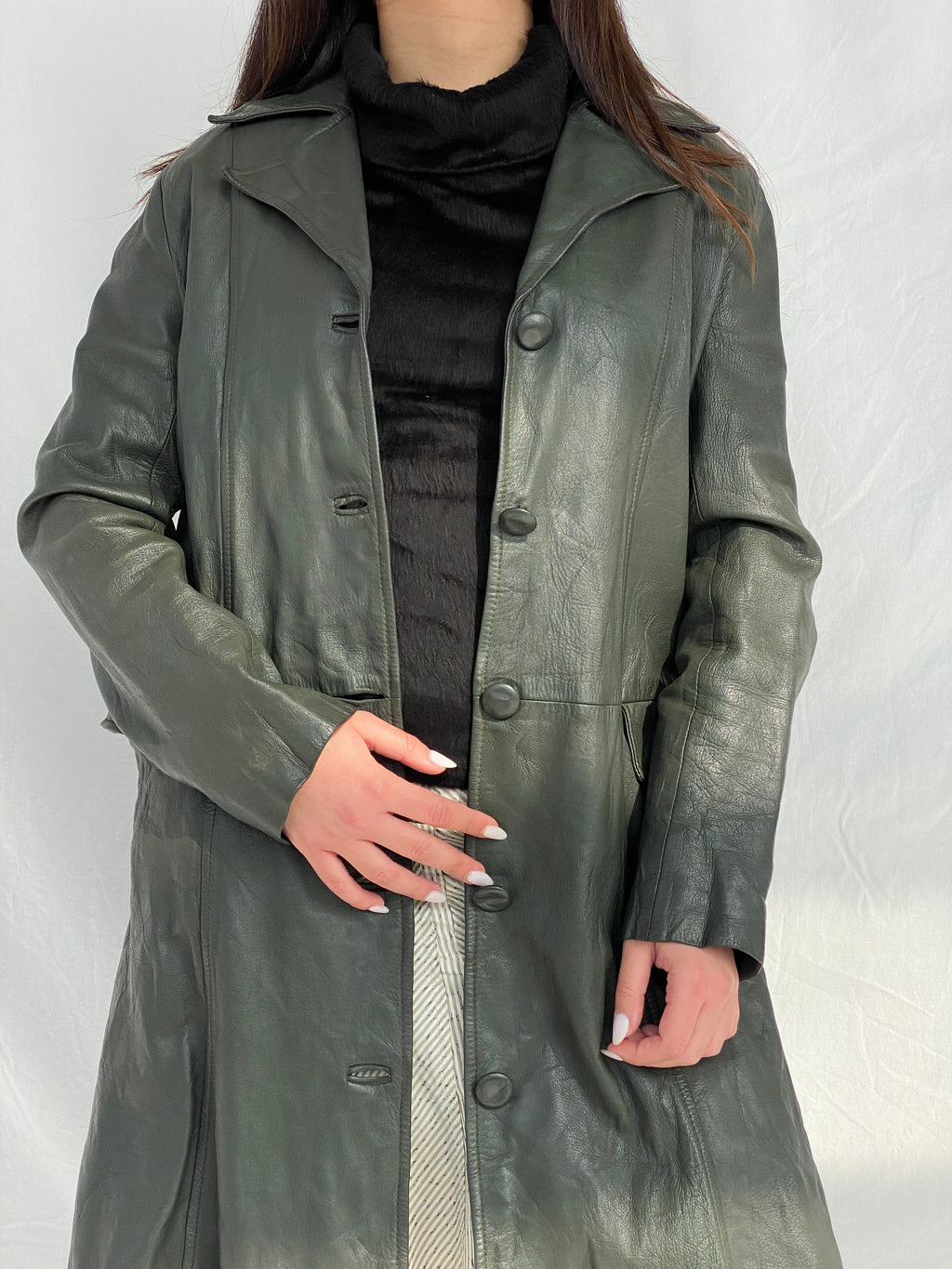 Vintage 90s Genuine Leather Olive Green Coat - L