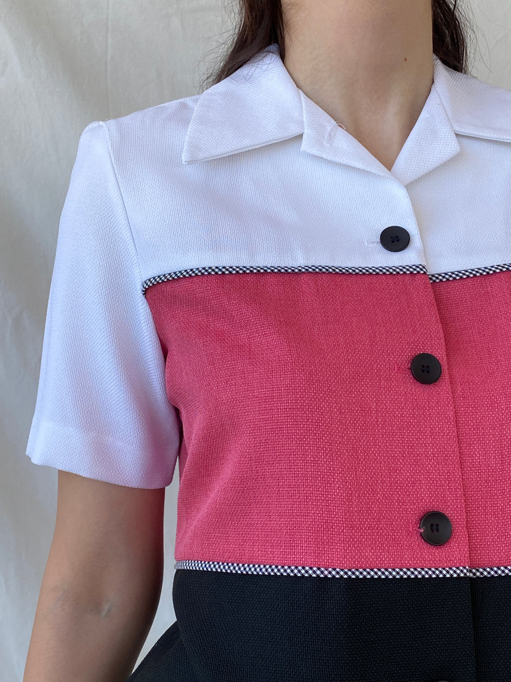 Vintage 90s Alfred Dunner White Pink Black Striped Women’s Padded Short Sleeve Heavy Shirt - M