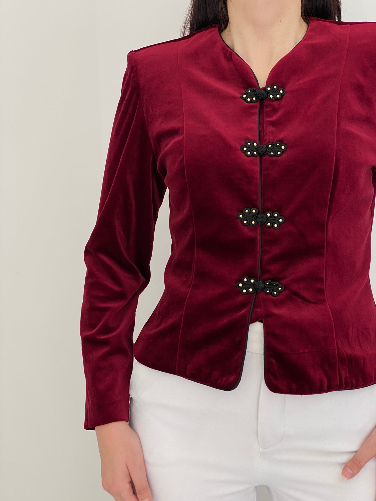 Vintage 90s Maren Burgundy Velvet Jacket with Frog Closures - M