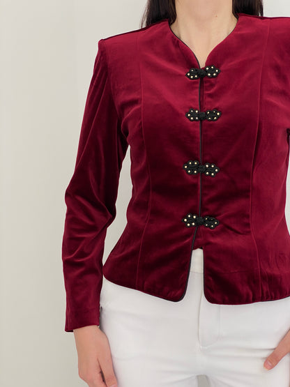 Vintage 90s Maren Burgundy Velvet Jacket with Frog Closures - M