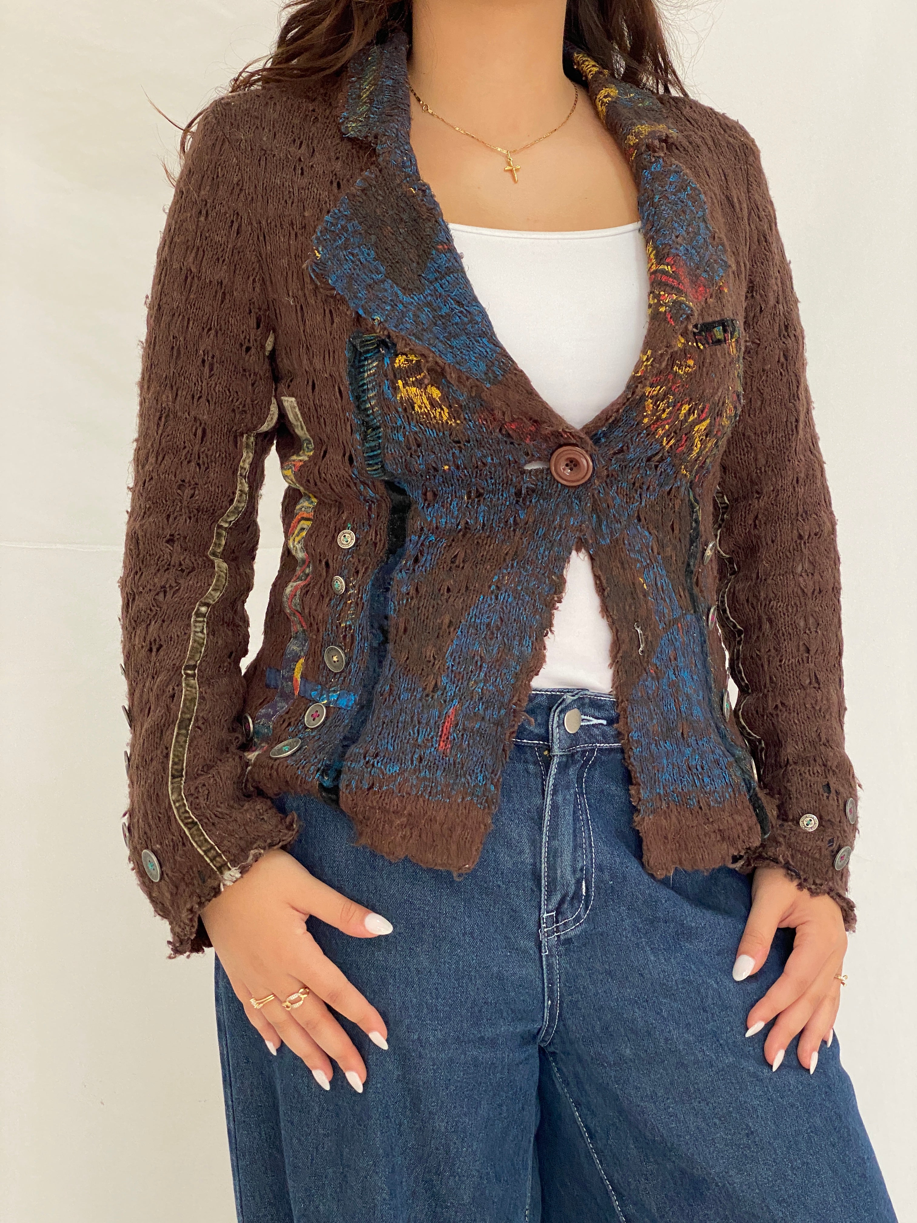 Vintage Soggo Brown Boho Knit Button-Up Cardigan Jacket – M
