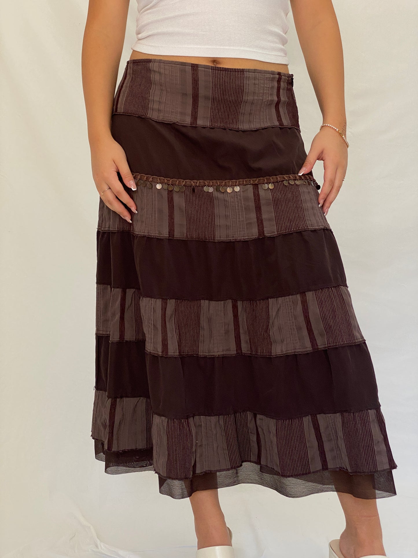 Vintage Y2K Boho CELAiA Brown Tiered Coin Trim Maxi Skirt – XL