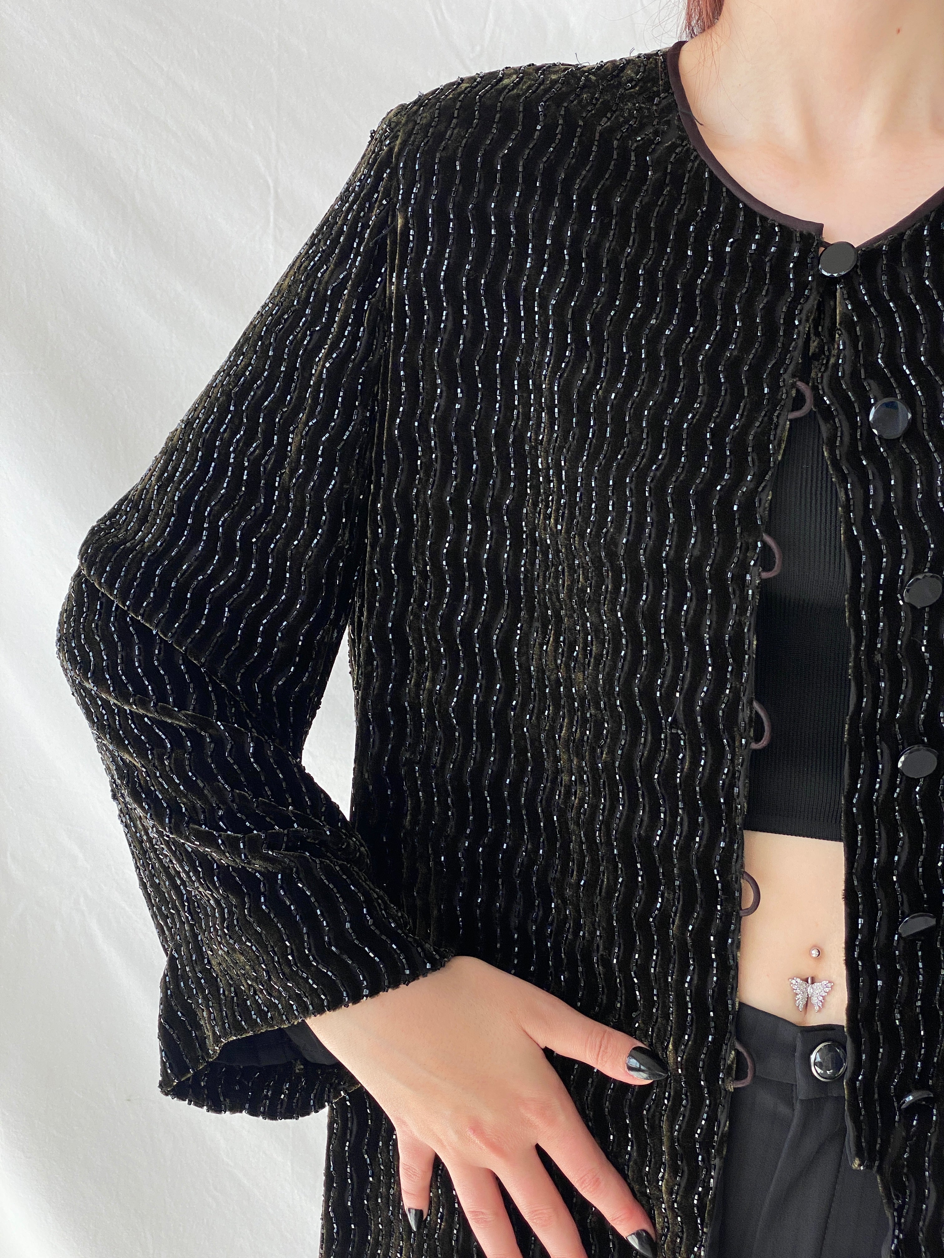 Vintage 80s Rickie Freeman for Teri Jon Nite Dark Green Black Beaded Blazer Silk Blend Party Jacket - L