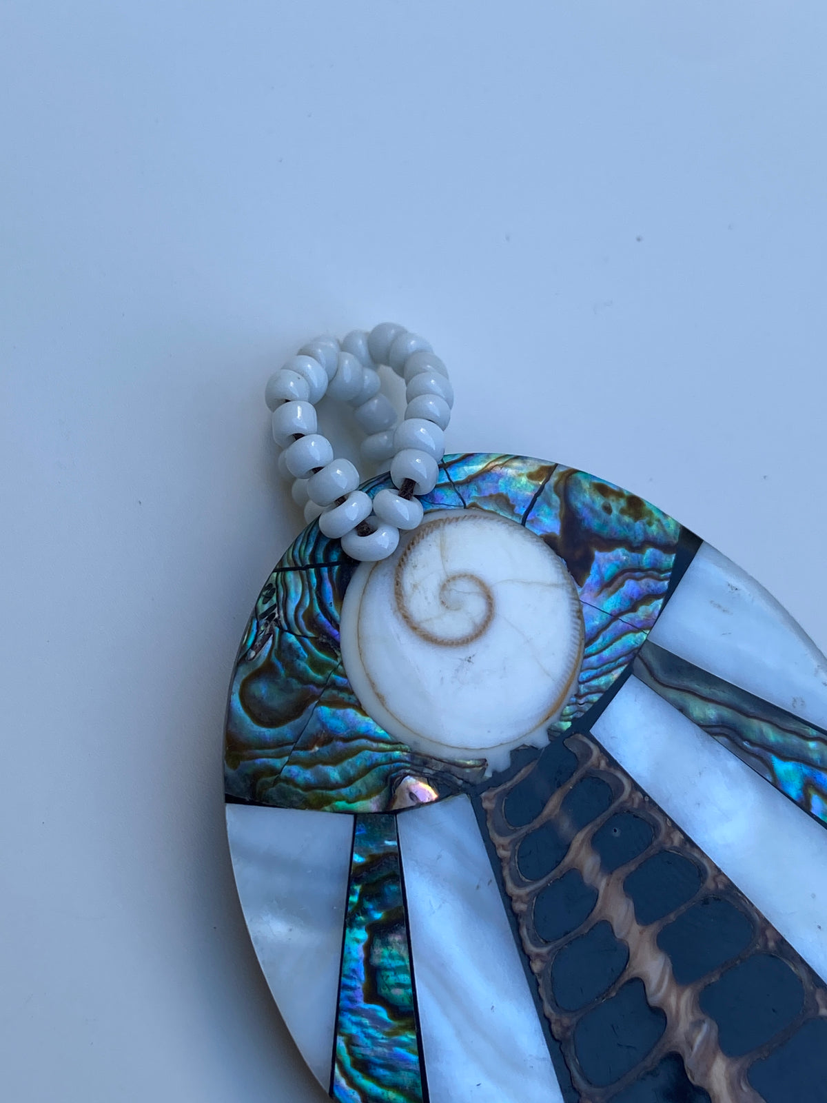 Vintage Abalone & Mother of Pearl Mosaic Pendant with Shiva Eye Shell Vintage Abalone & Mother of Pearl Mosaic Pendant with Shiva Eye Shell