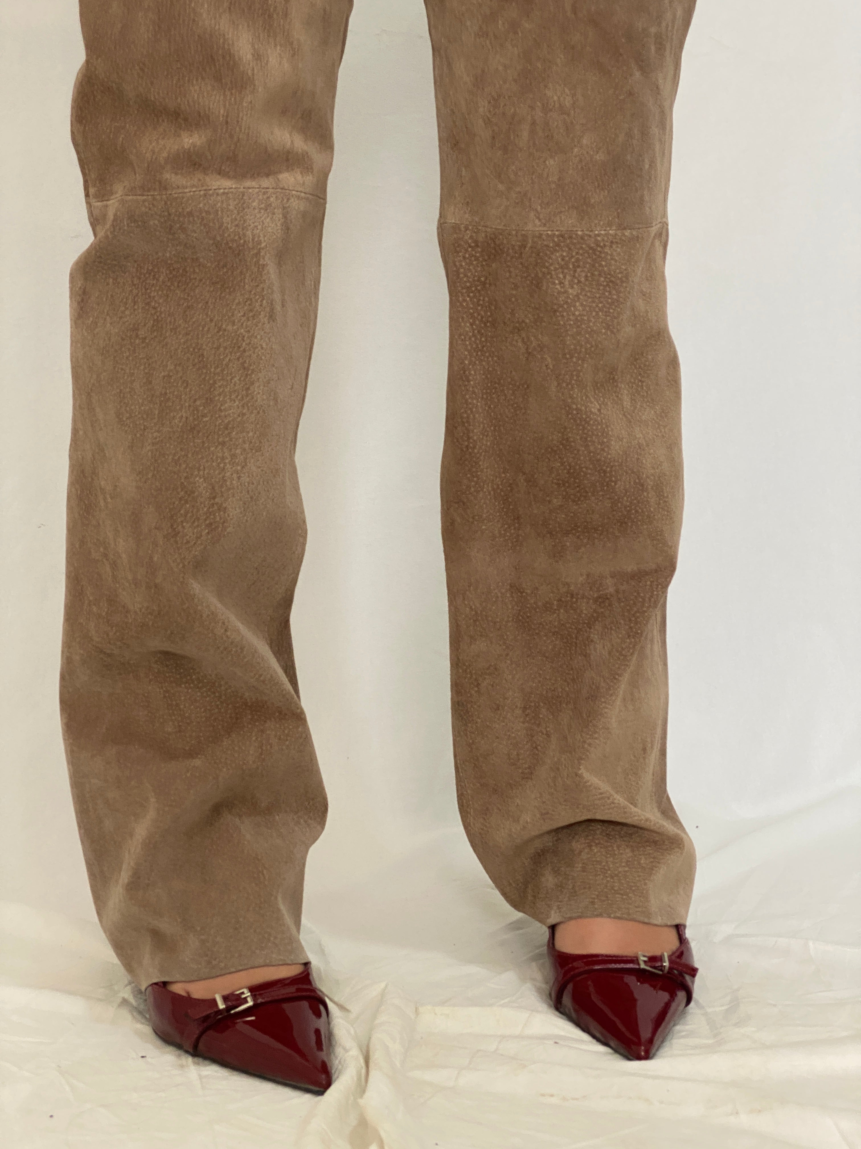 Vintage Live a Little Genuine Suede Pants Tan High-Waist Straight-Leg Trousers- L