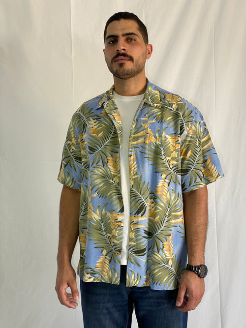 Caribbean Hawaiian Blue Tropical Palm Leaf Men’s Silk Shirt - XL