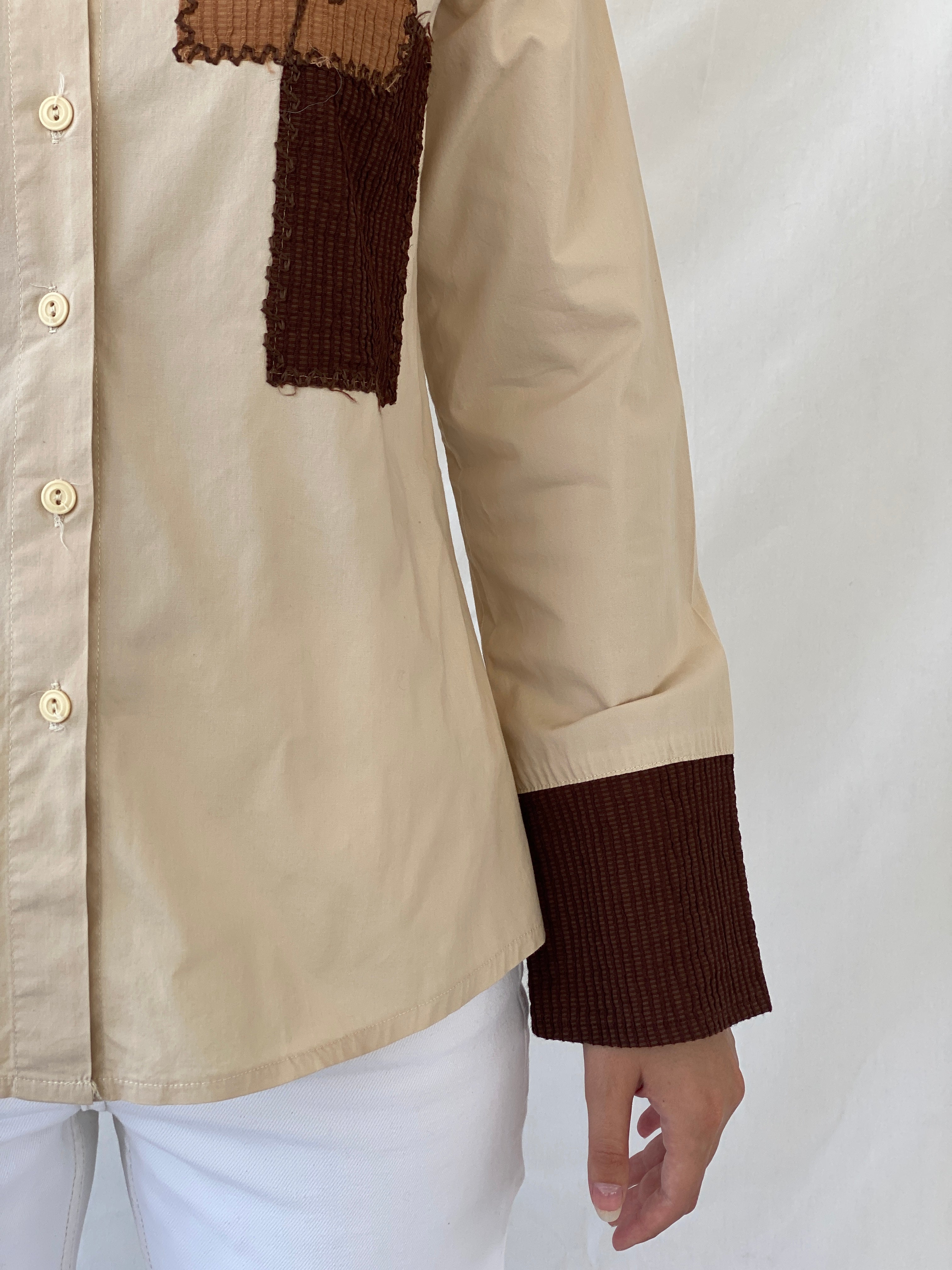 Vintage Y2K Sem Beige Patchwork Full Sleeve Button Up Shirt - L