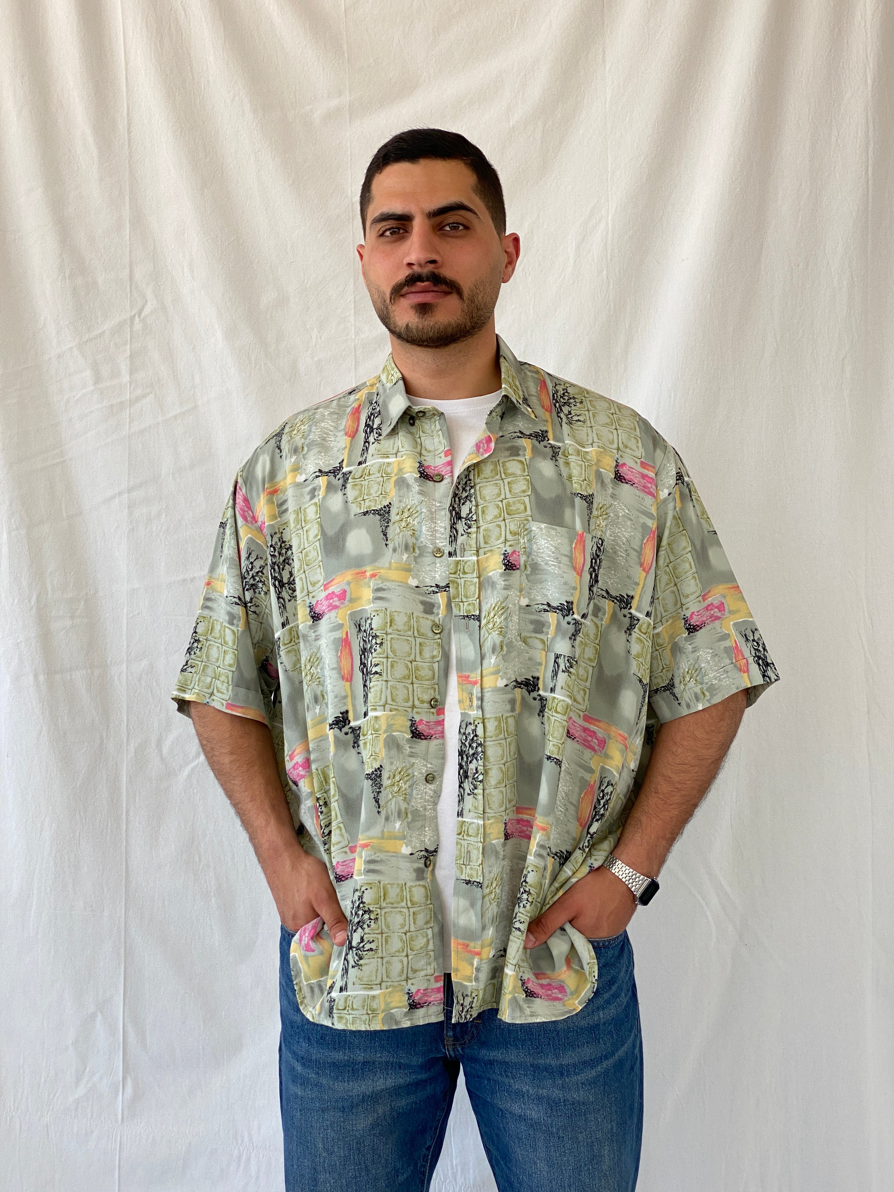 Vintage 90s ريڤوڤ Abstract Green Oversized Men’s Short Sleeve Shirt - XL