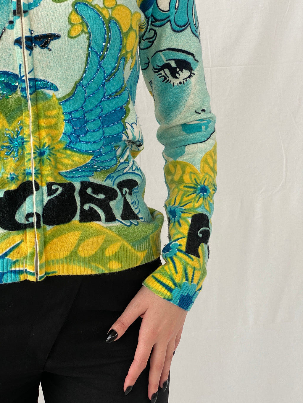 Rare Vintage Noun Paris Graphic Blue Beaded Zip Up Cardigan - M