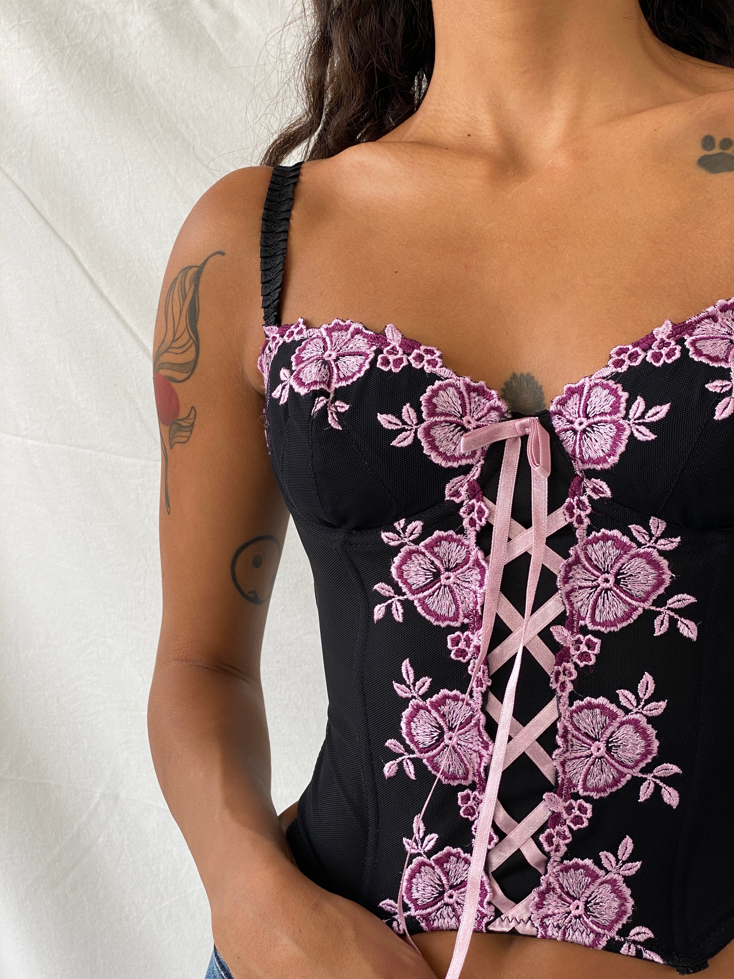 Vintage Black and Pink Floral Embroidered Corset - XS