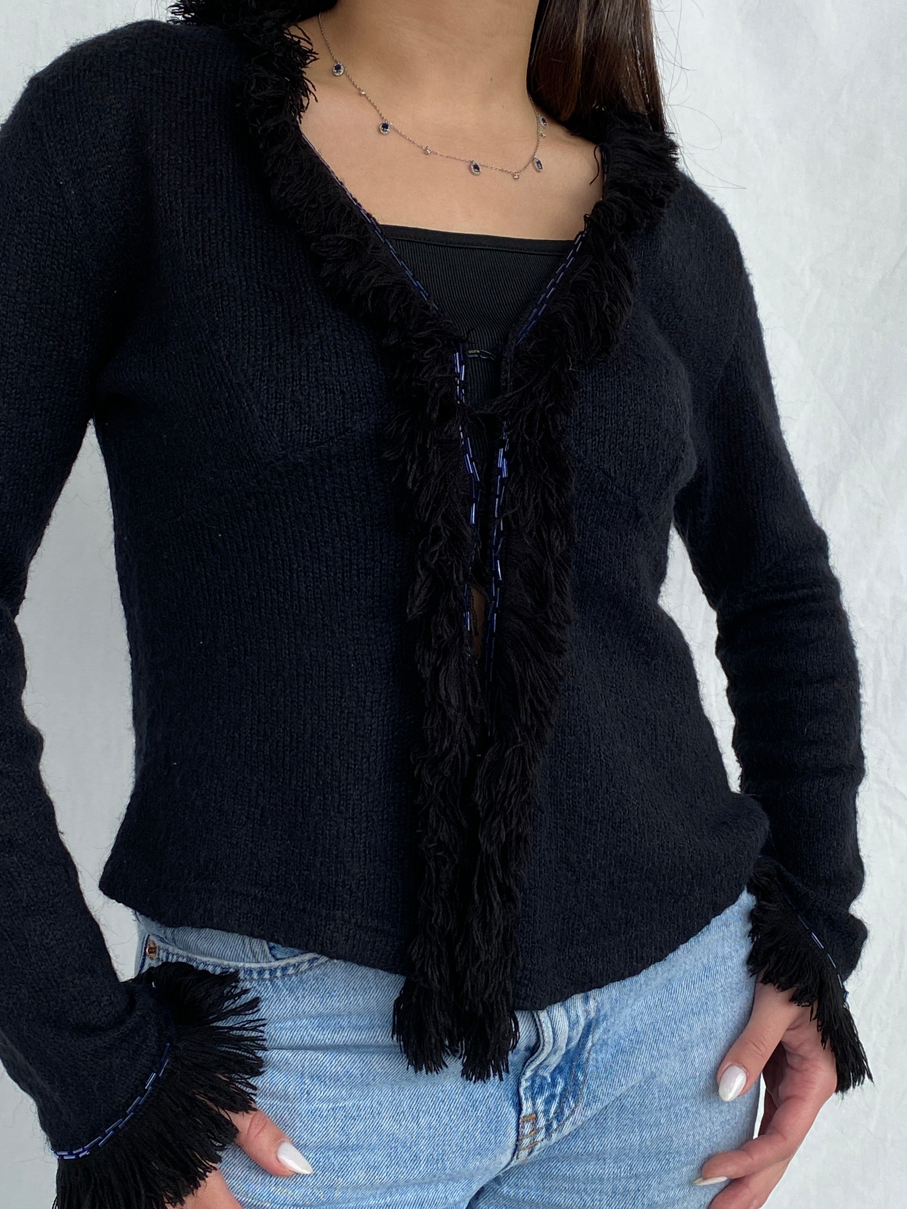 Vintage STENIA Sport Black Knit Beaded Cardigan with Fringed Collar - L