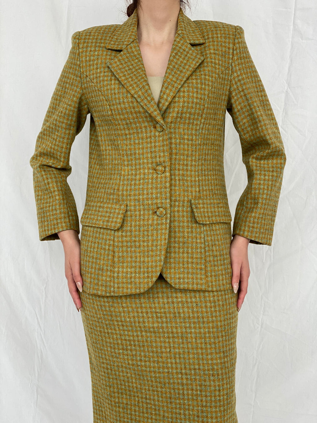 Vintage Handmade Checkered Yellow & Green Wool Blend Blazer Skirt Set - M