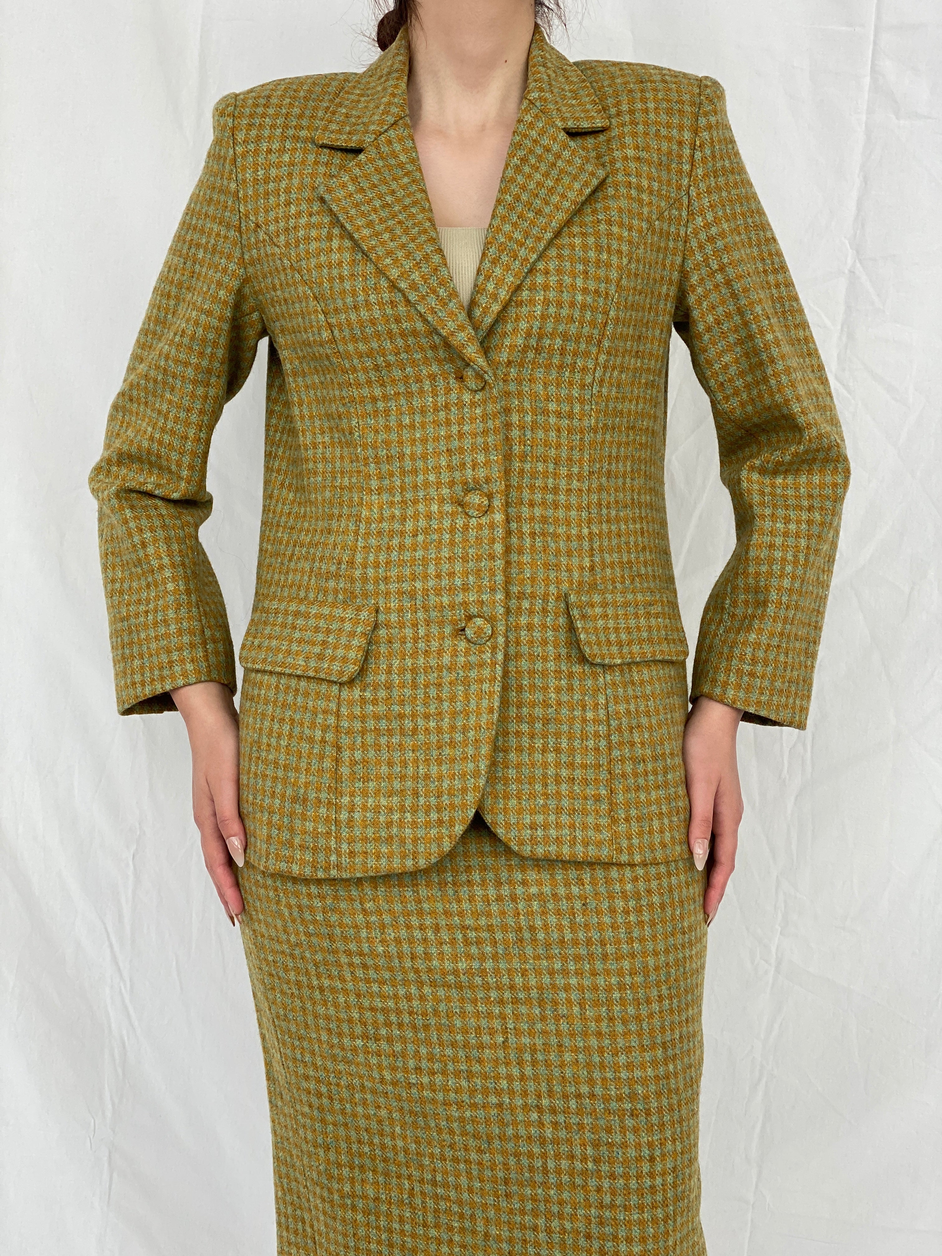 Vintage Handmade Checkered Yellow & Green Wool Blend Blazer Skirt Set - M