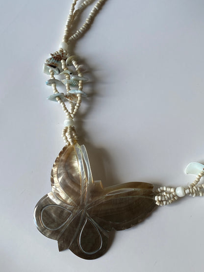 Vintage 90s Mother of Pearl Butterfly Shell Beaded Necklace
