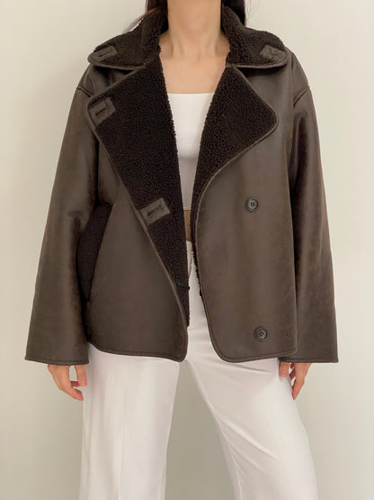 Chocolate Brown Faux Leather Shearling Aviator Jacket - L