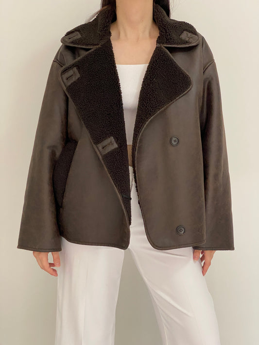 Chocolate Brown Faux Leather Shearling Aviator Jacket - L