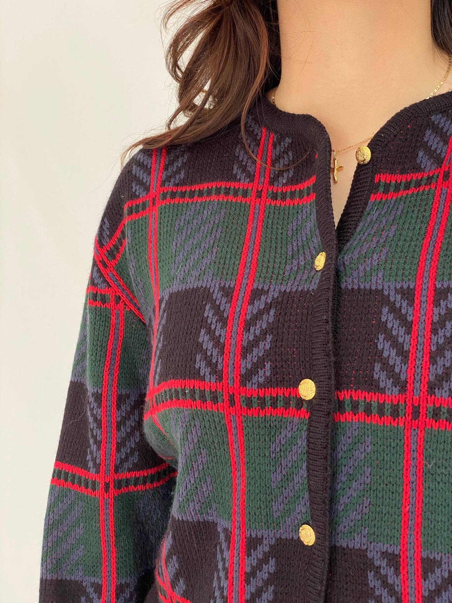 Vintage Crystal-Kobe 90s Plaid Knit Cardigan Black Green Red Gold Buttons - M