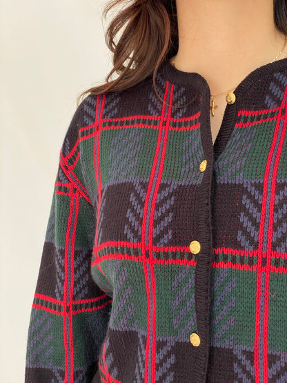Vintage Crystal-Kobe 90s Plaid Knit Cardigan Black Green Red Gold Buttons - M