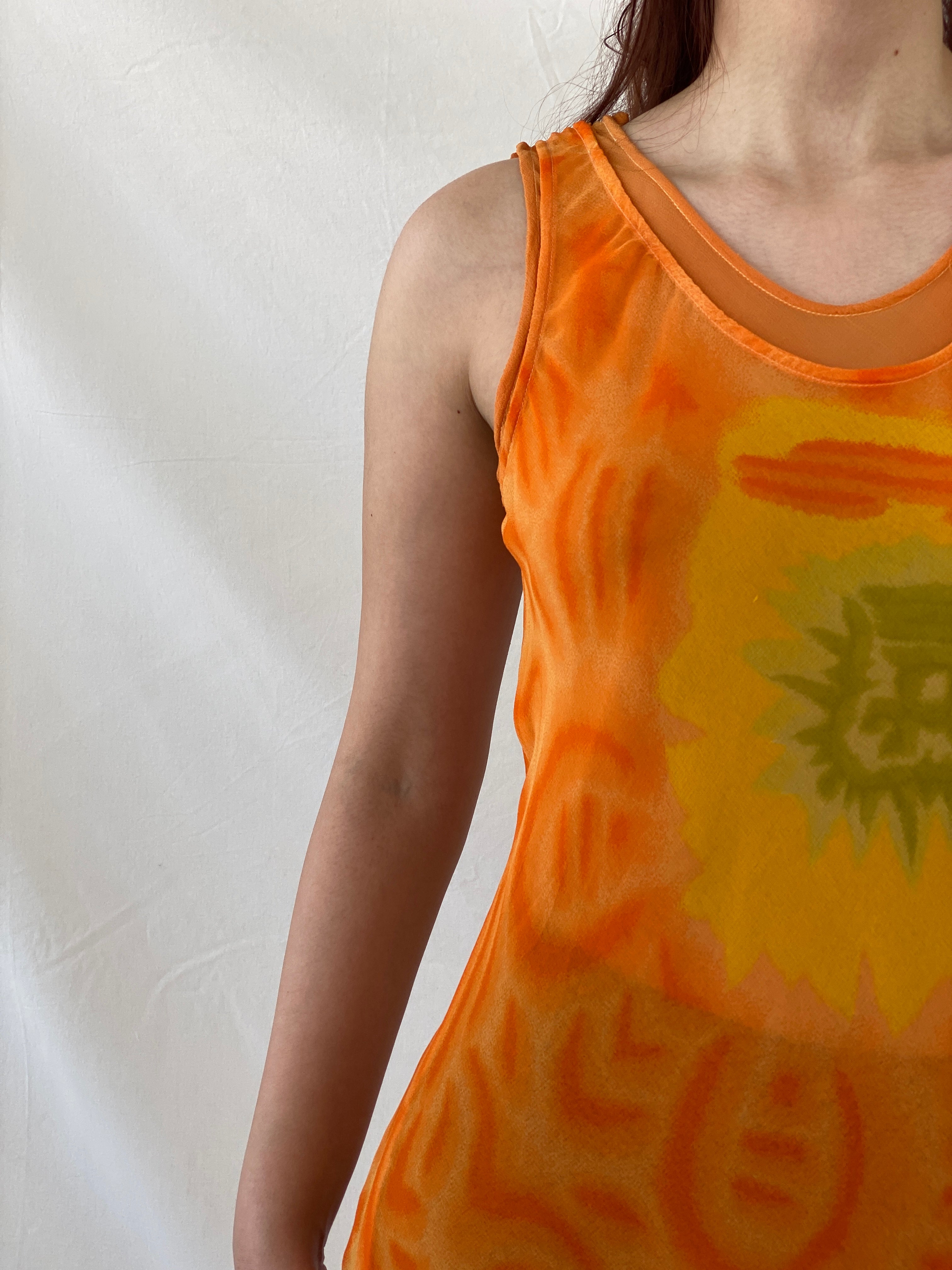 Y2K Chiffon Orange Tie Dye Sheer Maxi Dress - M