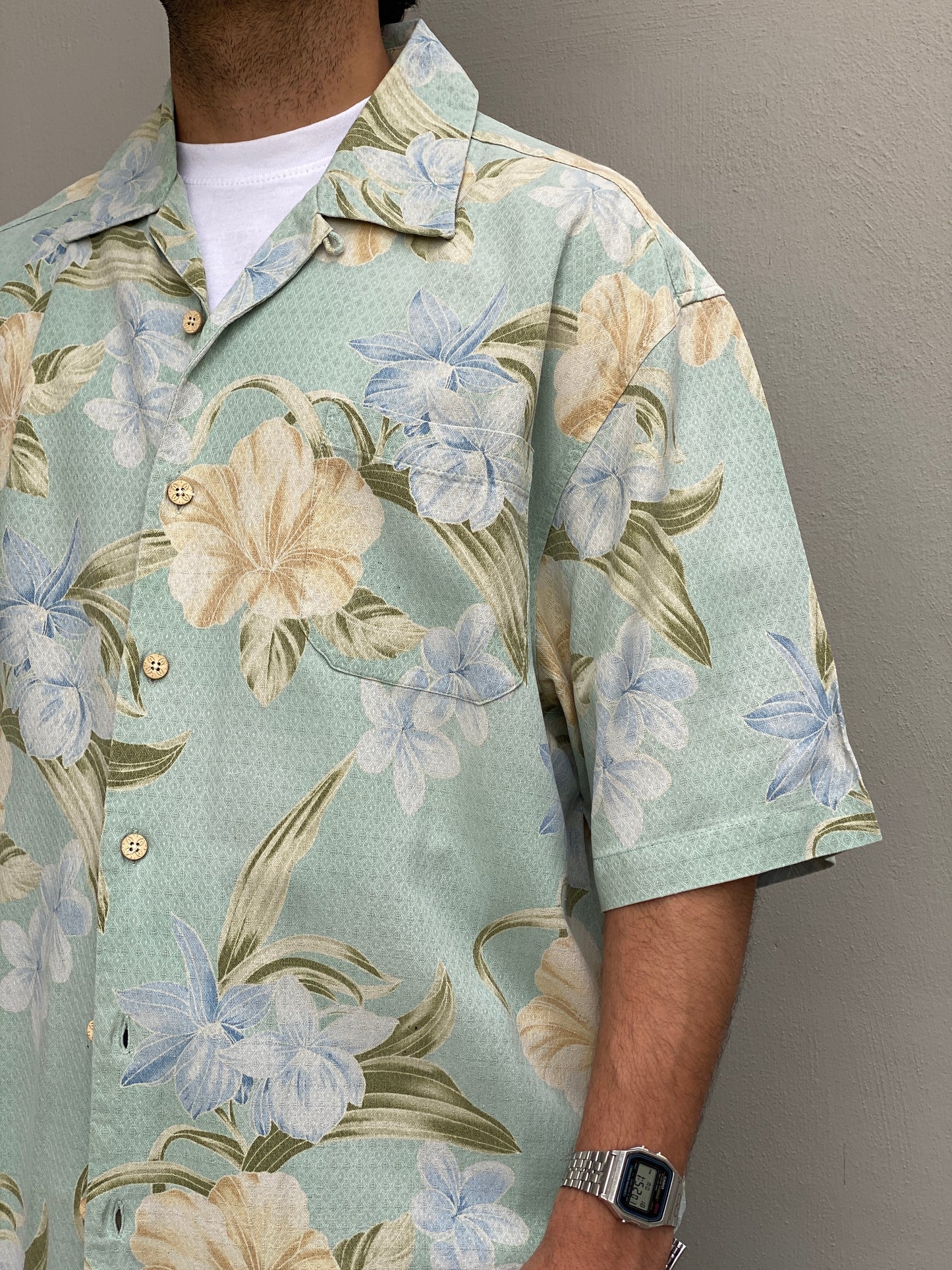 Vintage 90s Jamaica Jaxx Silk Hawaiian Shirt Mint Green Floral Tropical Resort Button Up - L