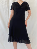 Vintage 90s Romantic Black Midi Short Sleeve Cowl Neck Dress - L