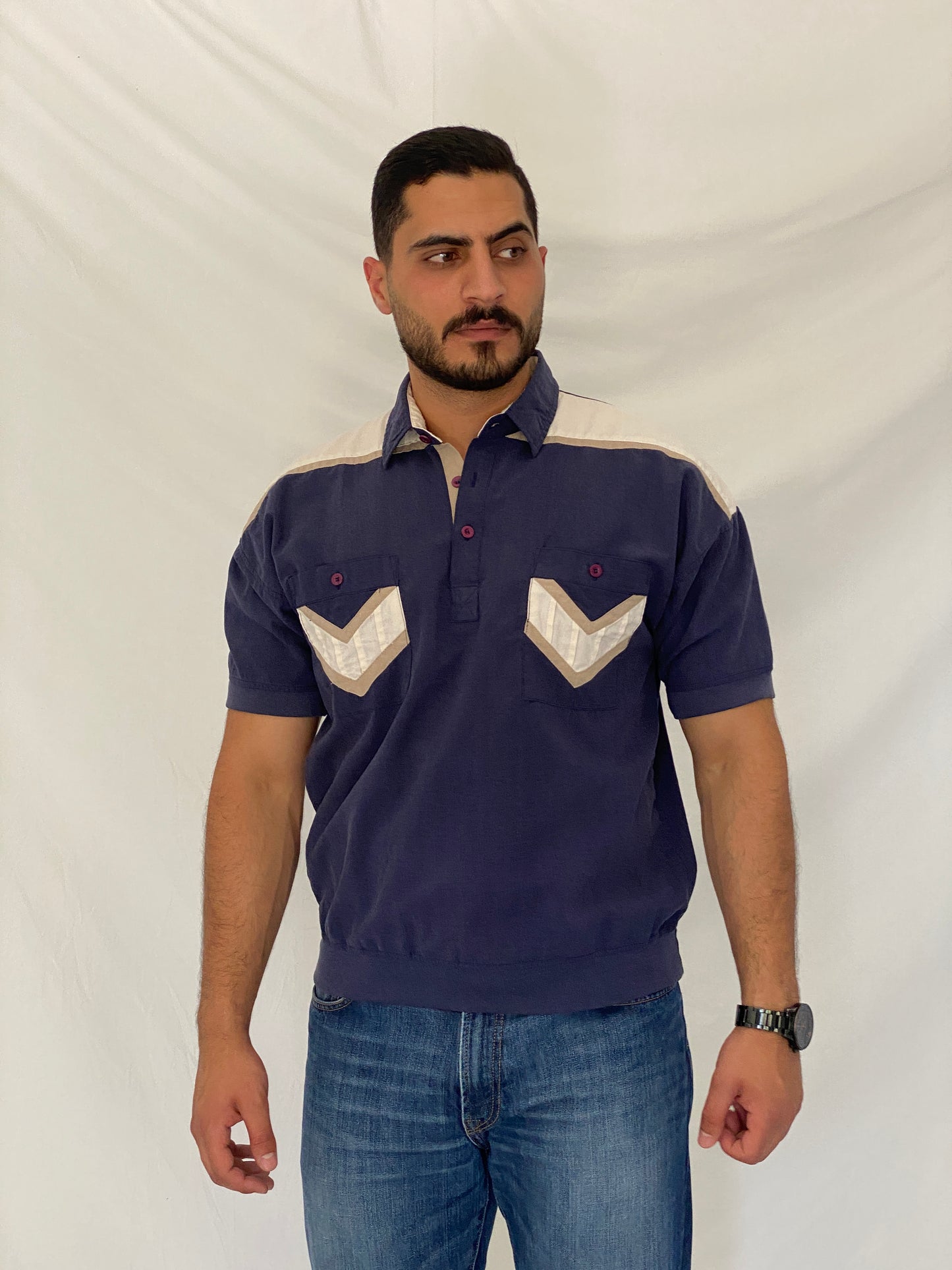 Vintage Alexxus Exclusive Navy Colorblock Banded Polo Top - L