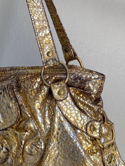 Vintage Y2K Metallic Gold Faux Snakeskin Shoulder Bag
