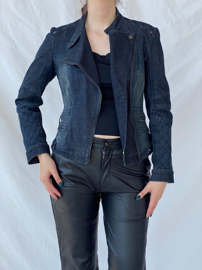 Vintage Y2K Betty Barclay Biker Zipper Denim Jacket With Quilted Detailing - M