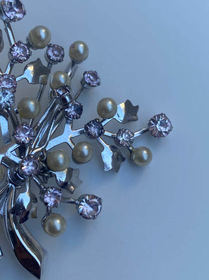 Vintage Silver-Tone Pink Rhinestone & Faux Pearl Floral Spray Brooch