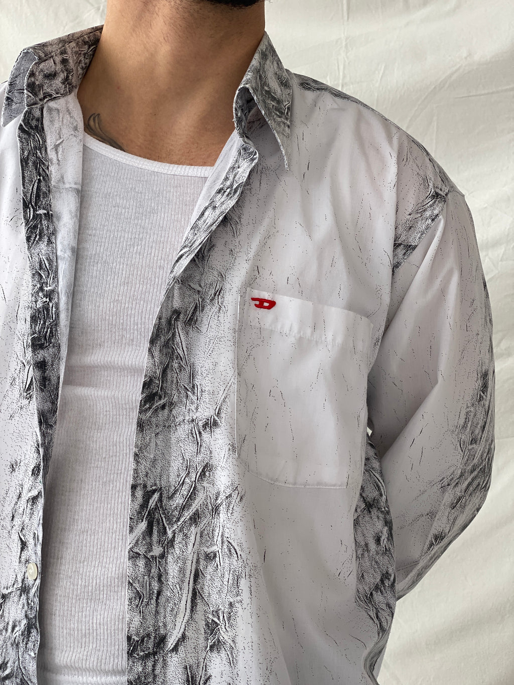 قميص جينز أفانت جارد رجالي بأكمام طويلة وأزرار من ديزل Y2K - مقاس كبير