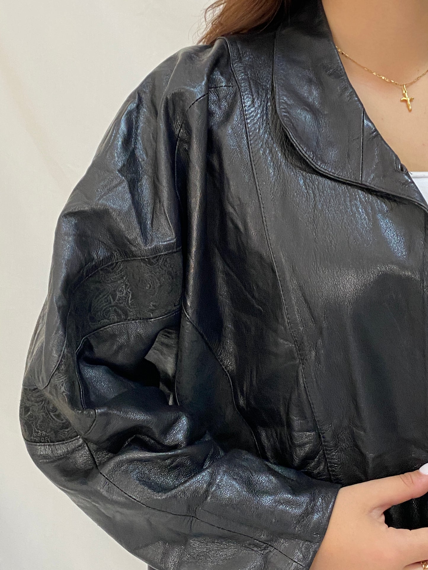 Vintage 80s Black Genuine Leather Longline Coat with Embossed Panels Oversized Fit - L