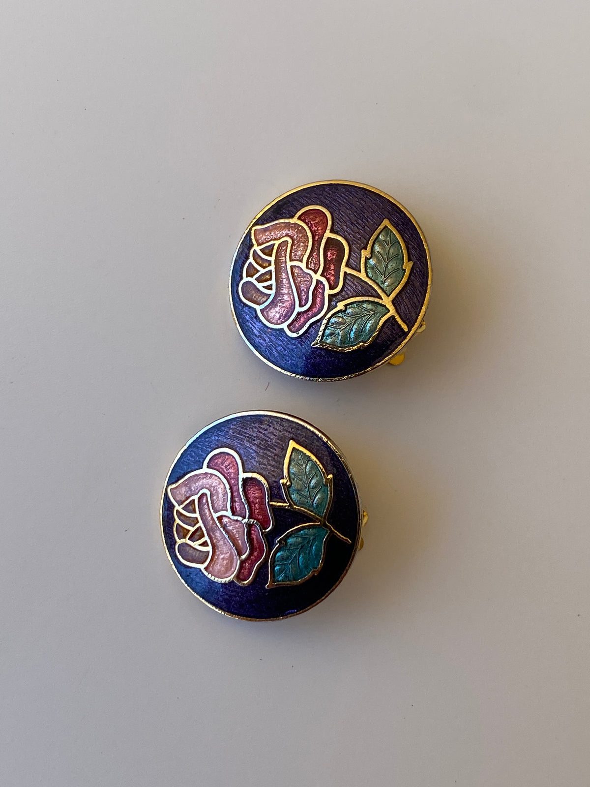 Vintage Enamel Rose Clip-On Blue Floral Cloisonné Style Mini Earrings Vintage Enamel Rose Clip-On Blue Floral Cloisonné Style Mini Earrings