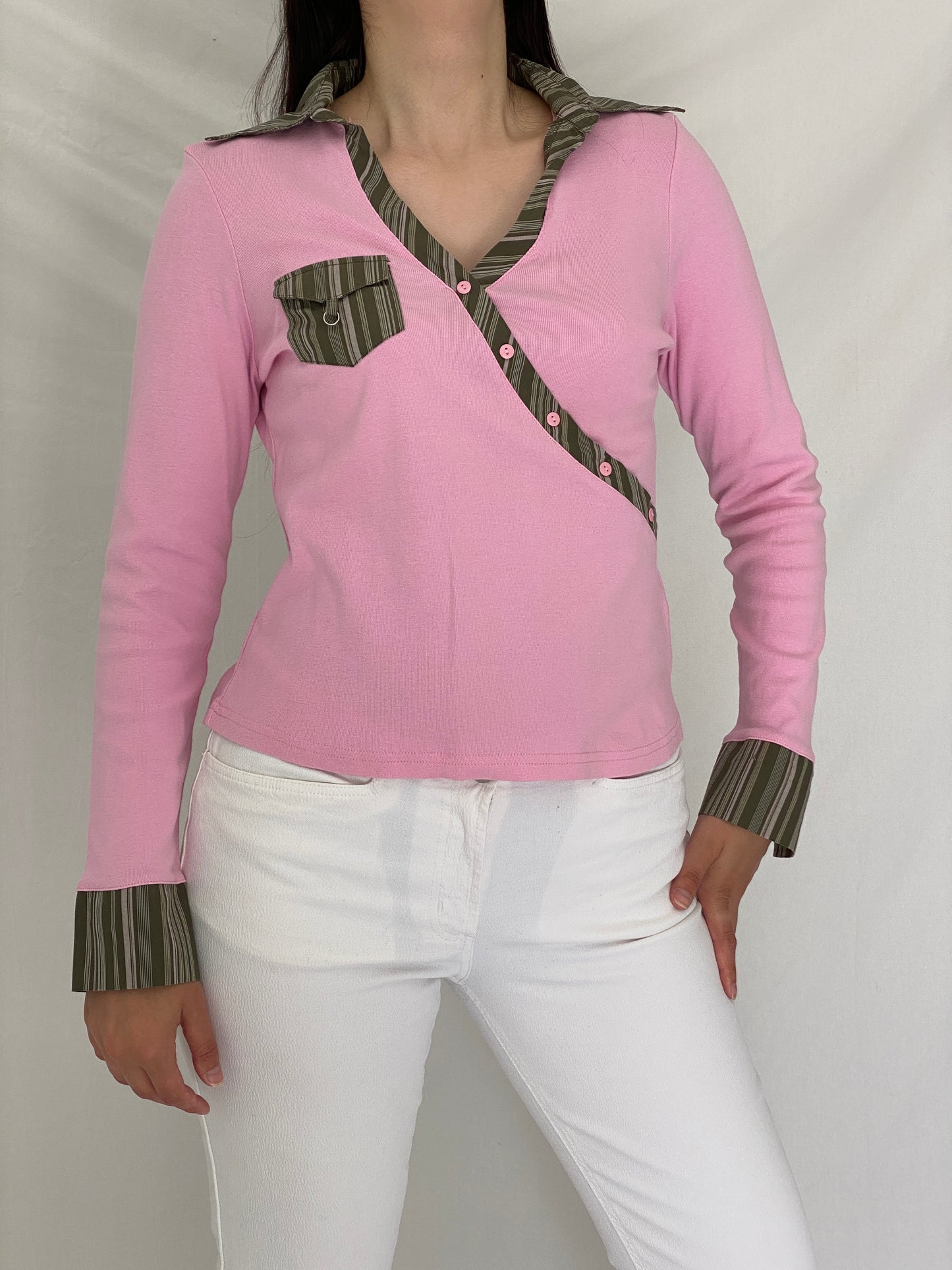 Vintage Y2K Kiabi Woman Baby Pink Cotton Wrap Style School Girl Top - L