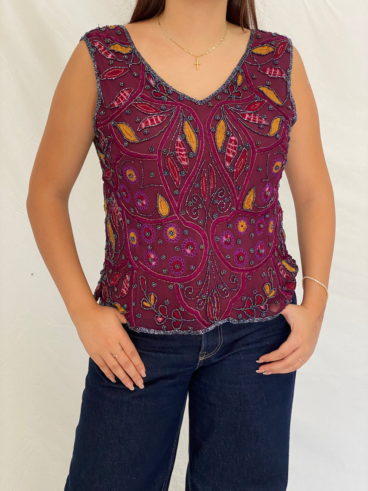 Vintage Beaded Embroidered Burgundy Handmade Evening Top - L Vintage Beaded Embroidered Burgundy Handmade Evening Top - L