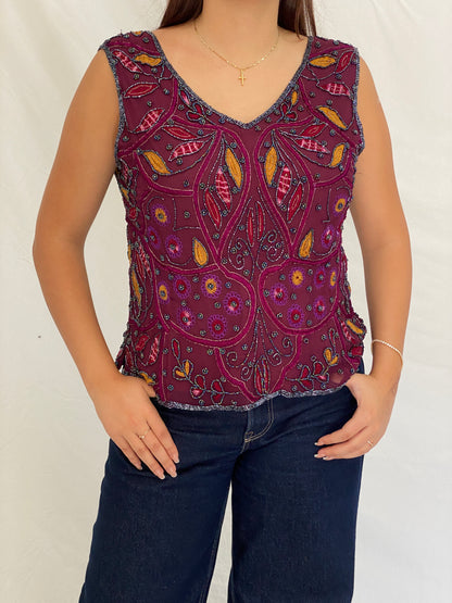Vintage Beaded Embroidered Burgundy Handmade Evening Top - L