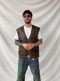 Vintage Men’s Safari Cargo Brown Genuine Leather Zip Up Vest - XL