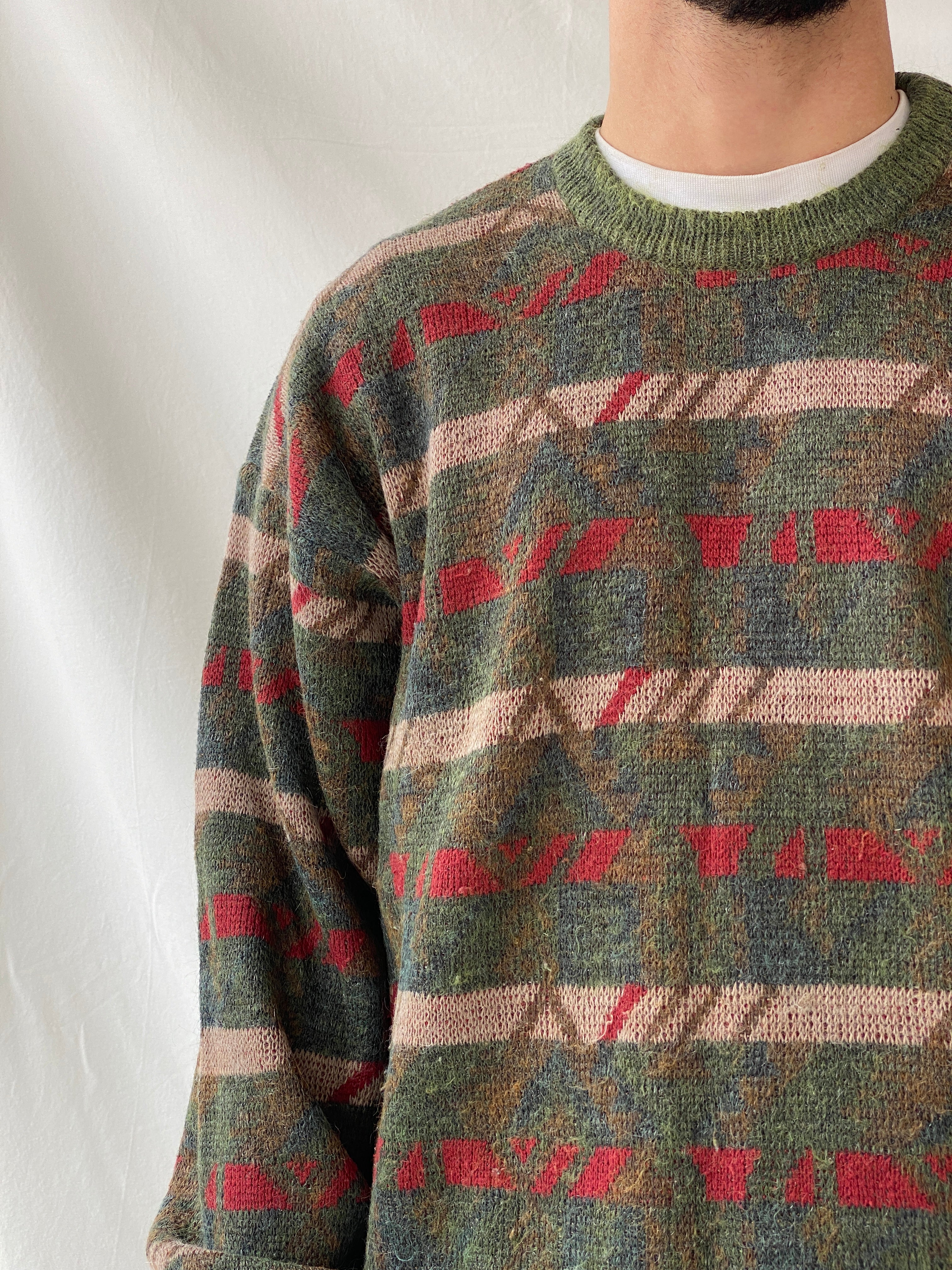 Vintage Charly Mach Men’s Green Jumper Striped Knitted Crew Neck Sweater - L