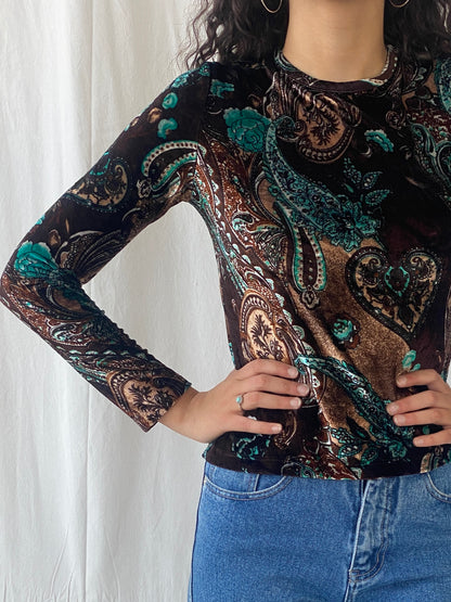 Vintage Y2K Plaka Paisley Print Velvet Full Sleeve Women’s Top - S