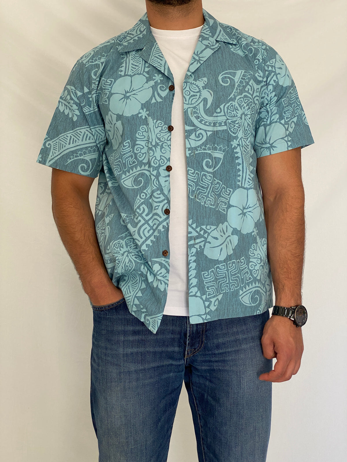 Vintage RJC Hawaiian Blue Cotton Aloha Tropical Tribal Camp Shirt – L Vintage RJC Hawaiian Blue Cotton Aloha Tropical Tribal Camp Shirt – L