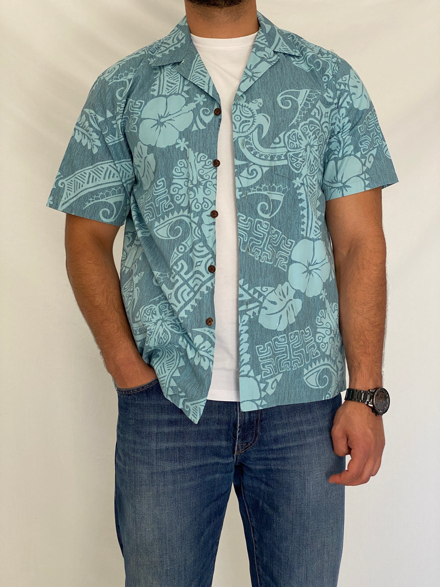 Vintage RJC Hawaiian Blue Cotton Aloha Tropical Tribal Camp Shirt – L