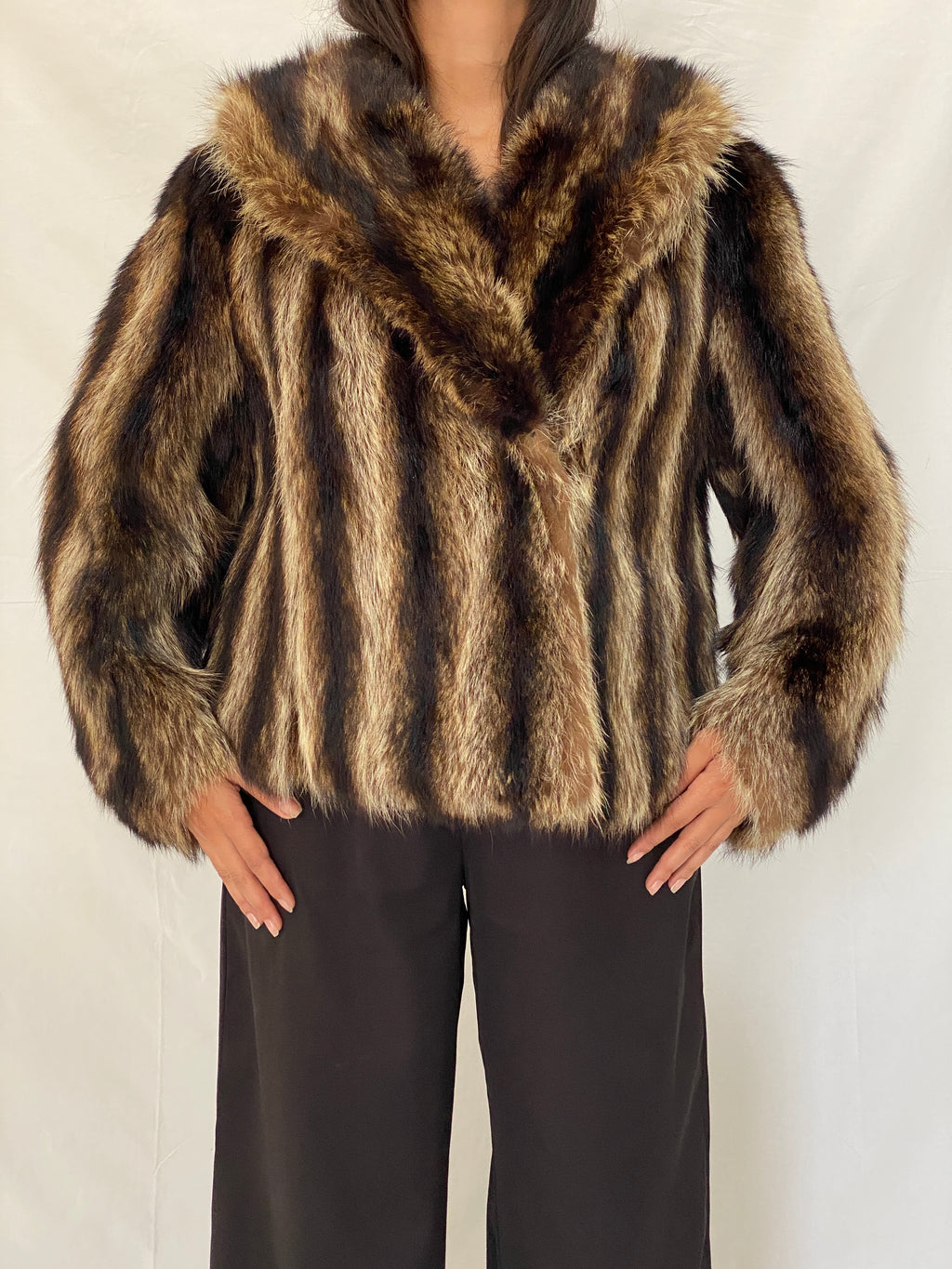 Vintage Striped Brown & Black Real Fur Coat - 70s Glam Winter Statement Jacket - M/L