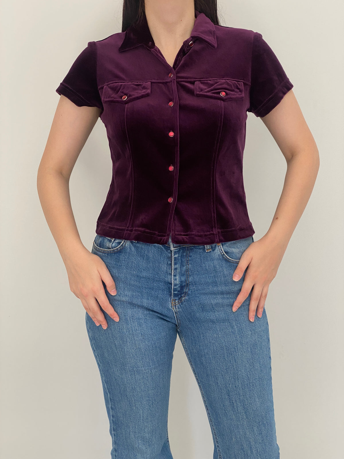 Vintage Y2K Judy Knapp Deep Purple Velvet Western Snap Shirt - M