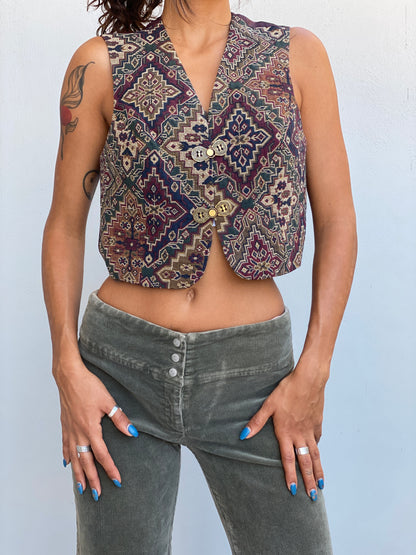 Vintage 90s LILA & LORI New York Tapestry Cropped Statement Vest – M