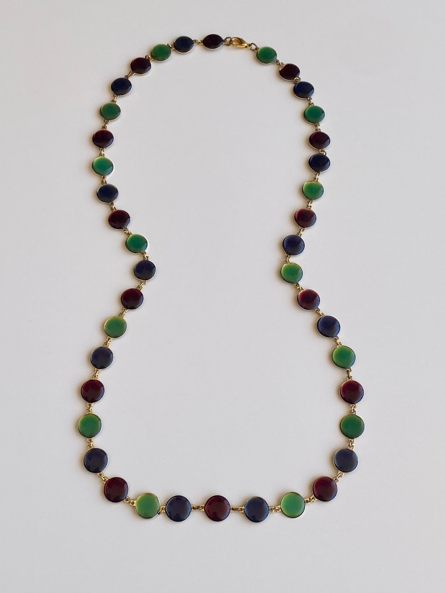 Vintage Double-Sided Green & Burgundy Lucite Disc Long Necklace