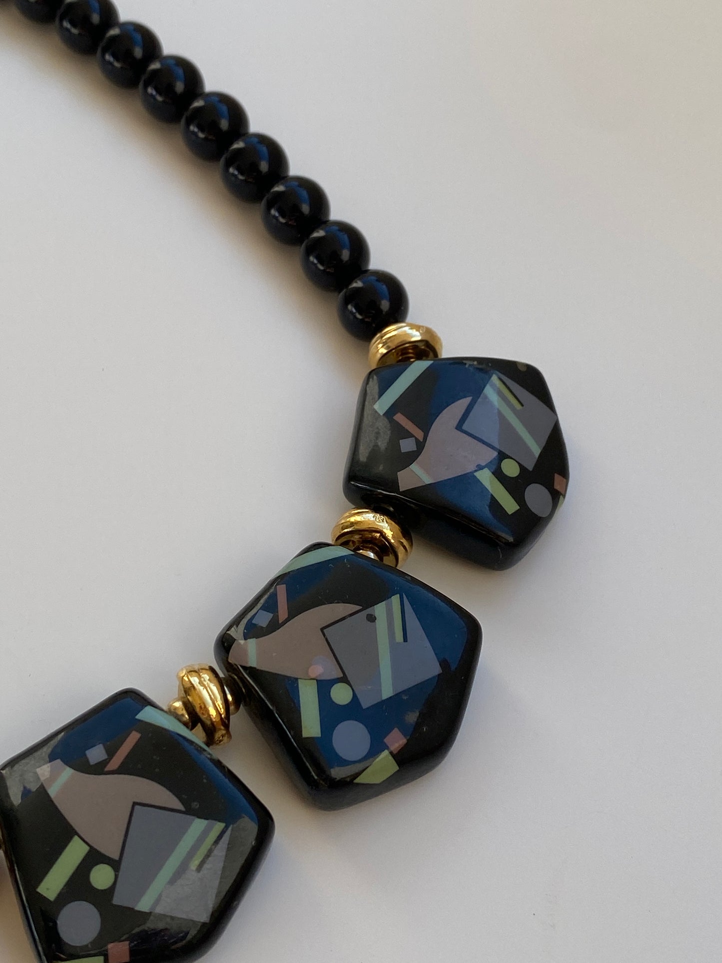 Vintage 1980s Art Deco Revival Black Geometric Beaded Statement Necklace