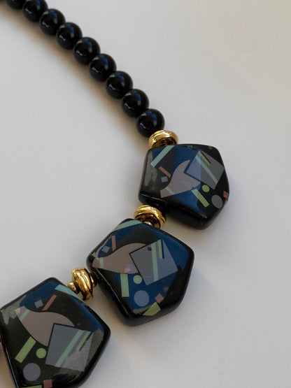 Vintage 1980s Art Deco Revival Black Geometric Beaded Statement Necklace